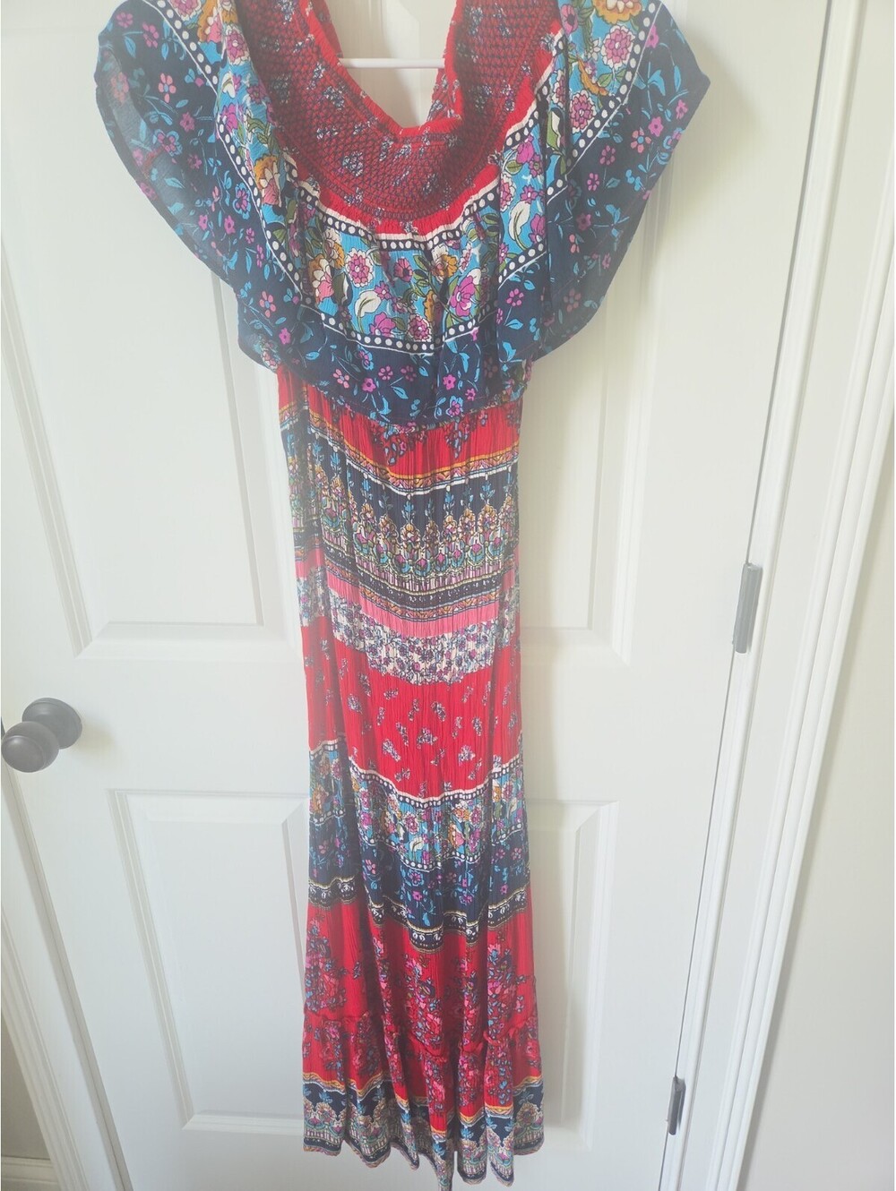 Altar'd State Boho Maxi Dress Red Floral Off Shoulder‎ Smocked Small Festival